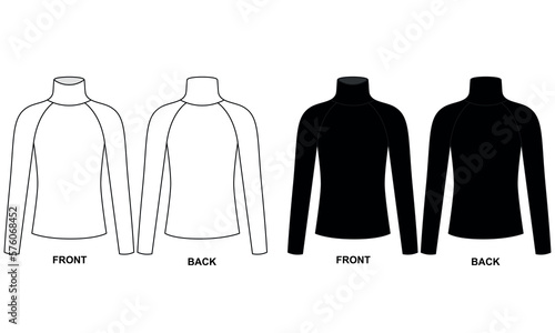 Turtleneck vector sketch set, black, white colors. Vector drawing of a sweater with a high collar. Sweatshirt template with long sleeves and long collar, vector.