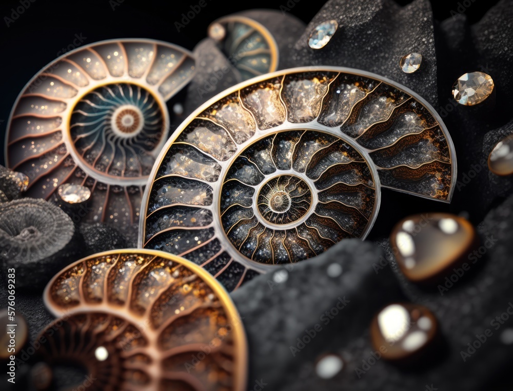 Ammonite fossil background created with Generative AI technology