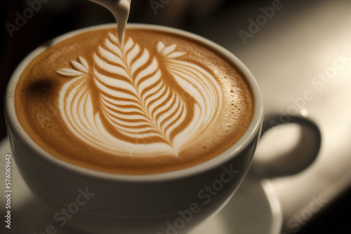 Cup of latte, close-up. AI generated image.