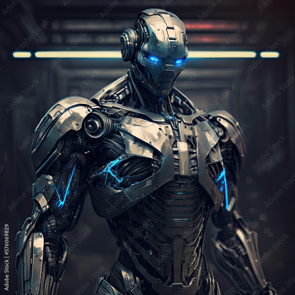 A futuristic robot with sleek, metallic curves and glowing blue eyes,  standing against a dark, industrial background, robot, cyborg, 3d, android,  future, technology, futuristic, motorcycle, science, Stock Illustration |  Adobe Stock