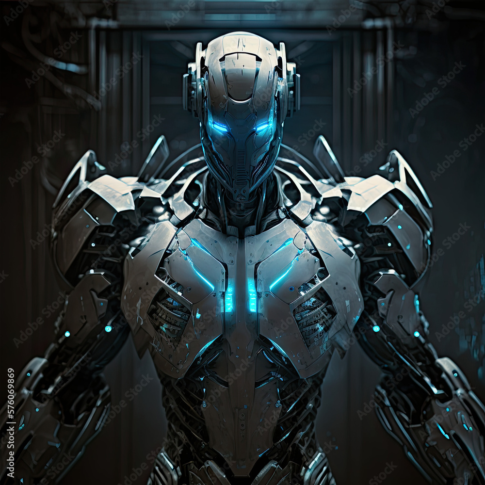 A futuristic robot with sleek, metallic curves and glowing blue eyes,  standing against a dark, industrial background, robot, cyborg, 3d, android,  future, technology, futuristic, motorcycle, science, Stock Illustration |  Adobe Stock