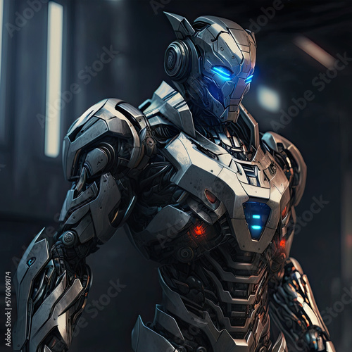 A futuristic robot with sleek, metallic curves and glowing blue eyes, standing against a dark, industrial background, robot, cyborg, 3d, android, future, technology, futuristic, motorcycle, science, 