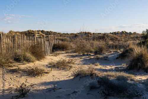 Cheminement à travers les dunes de sable vers la plage du Petit Travers à Carnon