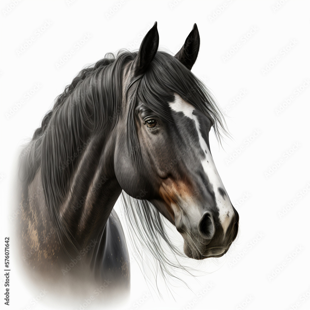 Realistic black head horse on a white background, generative AI Realistic black head horse on a white background, generative AI