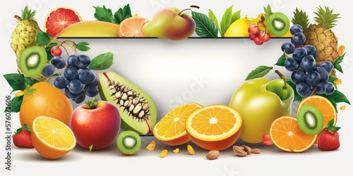 fresh fruits frame on white background - generative ai
