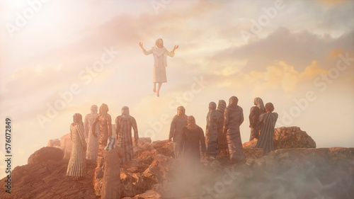 Jesus rising to heaven on the Mount and the Twelve Apostles 3d render