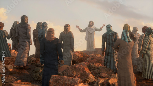 Jesus Christ preaches the Sermon on the Mount and the Twelve Apostles 3d render