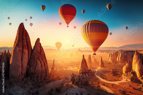 hot air balloons fly in sky in sunrise. Cappadocia, Turkey. generative AI