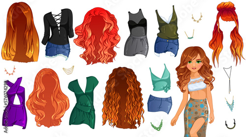 Fiery Redhead Hairstyle Paper Doll. Vector Illustration