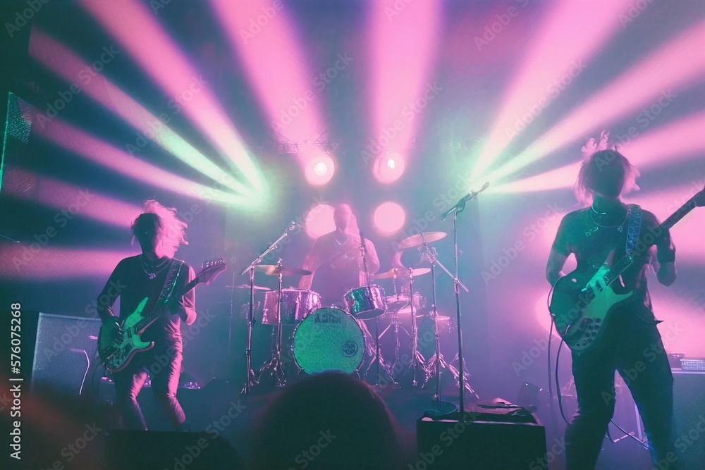 Music Concert lo-fi retro 80s and 90s background. Band playing, guitar ...