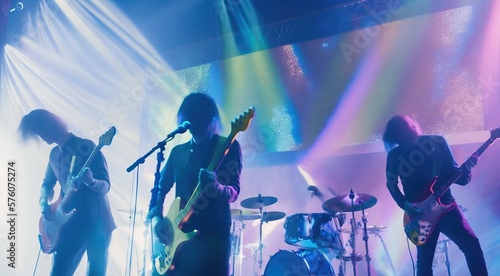 Music Concert lo-fi retro 80s and 90s background. Band playing, guitar and instruments. Psychic Waves, nostalgia, vintage. Vaporwave, synthwave, chillwave. Wallpaper, template. Generative AI.