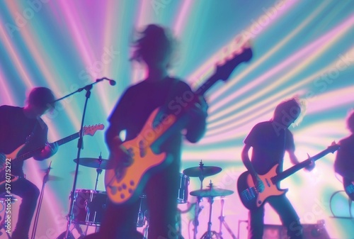 Music Concert lo-fi retro 80s and 90s background. Band playing, guitar and instruments. Psychic Waves, nostalgia, vintage. Vaporwave, synthwave, chillwave. Wallpaper, template. Generative AI.