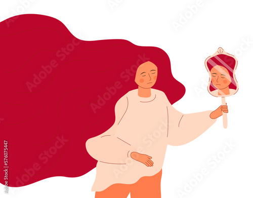 Upset and fat girl is looking in mirror. Depression, mental, disorder