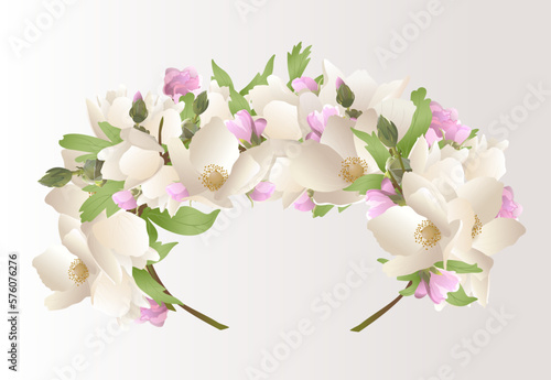 Flower crown hair ornament, decorative tiara of spring white, pink flowers and leaves elegant decor for wedding and holidays photo