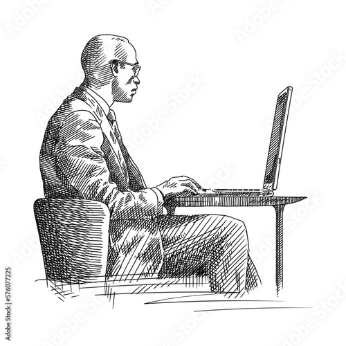 A businessman in a business suit with a laptop sits at a table and types text, looking at the monitor. Rough freehand pencil sketch isolated on white background.