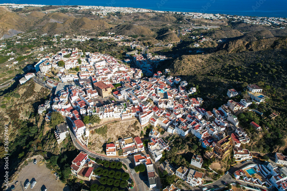 Aerial view above the beautiful Spanish village of Mojácar in Andalusia in southern Spain