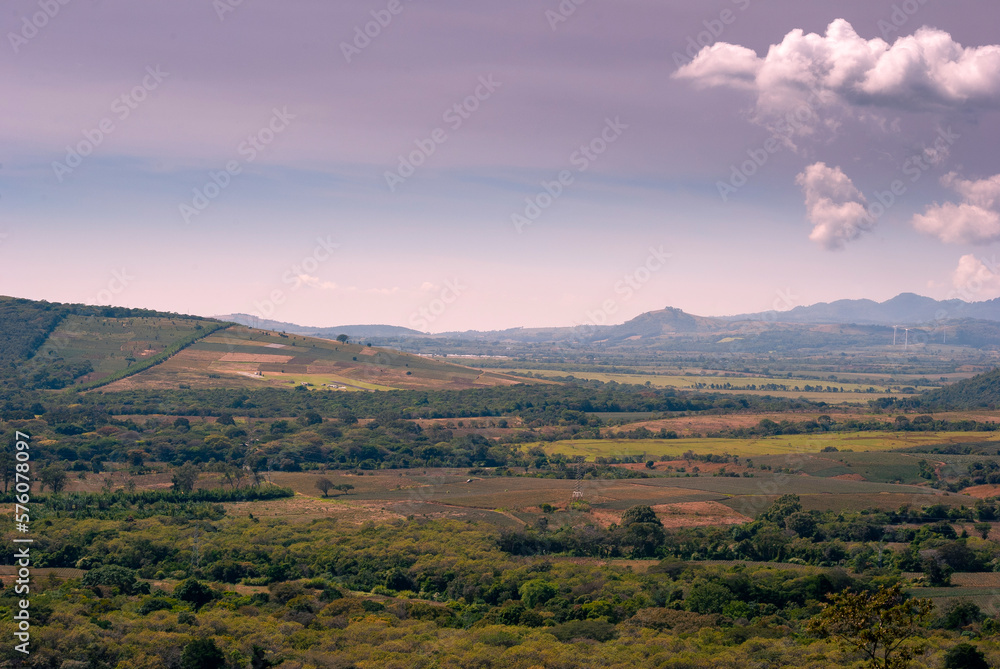 Panoramic view of volcanic landscape in Guatemala, Central America, space for meditation and relaxation.