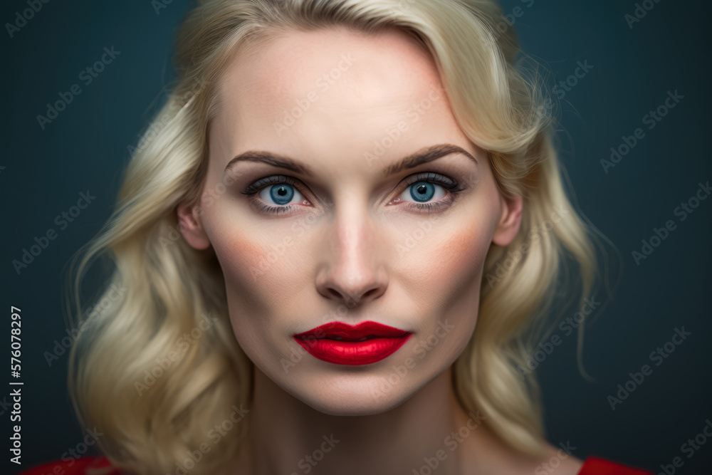 Stunning 40-year-old blonde woman with a bold red lipstick and striking blue eyes, exuding confidence against a plain studio background, generative ai Stunning 40-year-old blonde woman with a bold red lipstick and striking blue eyes, exuding confidence against a plain studio background, generative ai