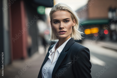 Stylish and confident woman with blonde hair wearing a black blazer and white trousers on a city street, generative ai