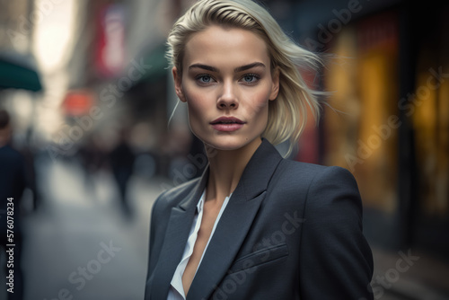 Stylish and confident woman with blonde hair wearing a black blazer and white trousers on a city street  generative ai