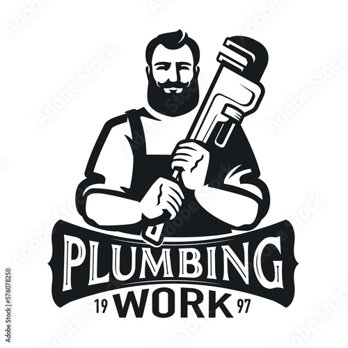 Plumber with plumbing wrench. Emblem, logo in retro style. Repair work vector illustration