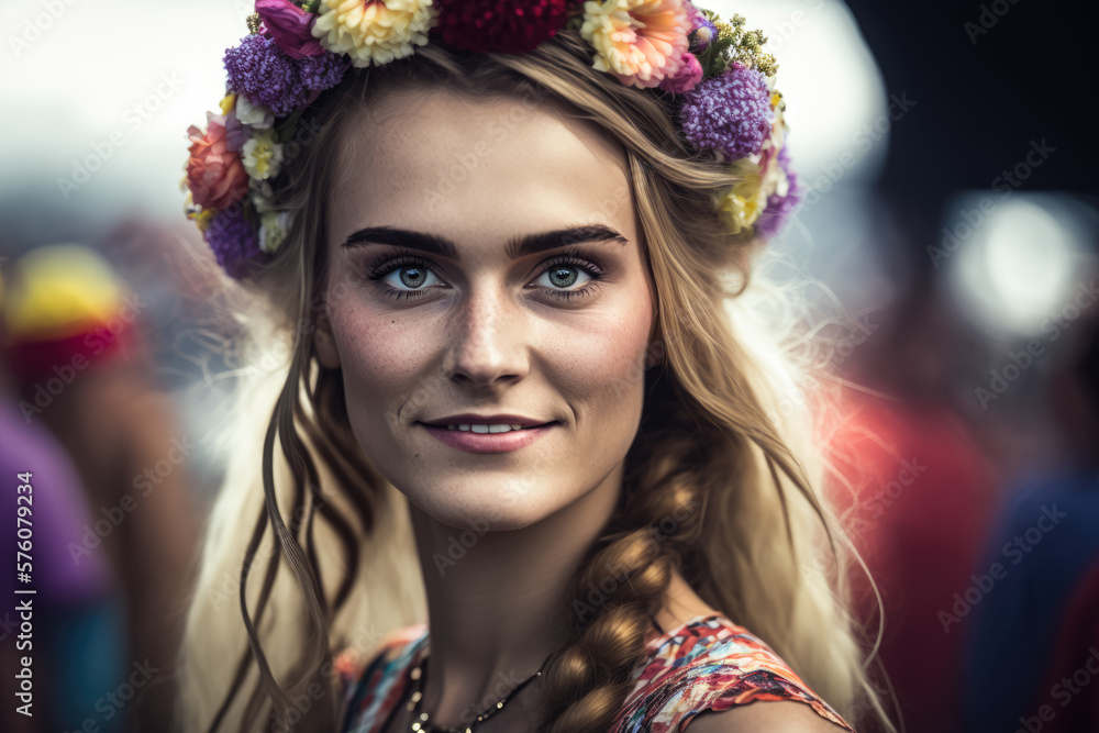 Radiant woman at a music festival wearing a flower crown and a colorful boho outfit, generative ai Radiant woman at a music festival wearing a flower crown and a colorful boho outfit, generative ai