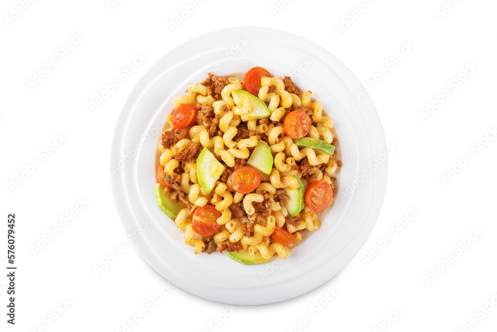 Minced beef zucchini tomatoes pasta in a plate on a white isolated background Minced beef zucchini tomatoes pasta in a plate on a white isolated background