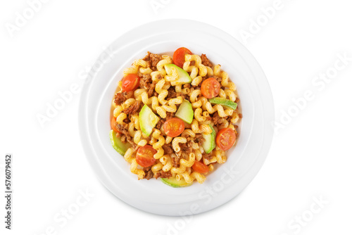 Minced beef zucchini tomatoes pasta in a plate on a white isolated background