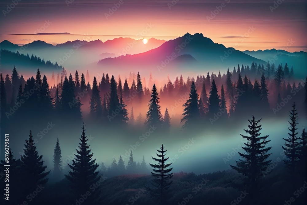 The Majestic Splendor of a Misty Mountain Forest at Sunrise - A Picture of Serene Timberland Landscape, Generative AI