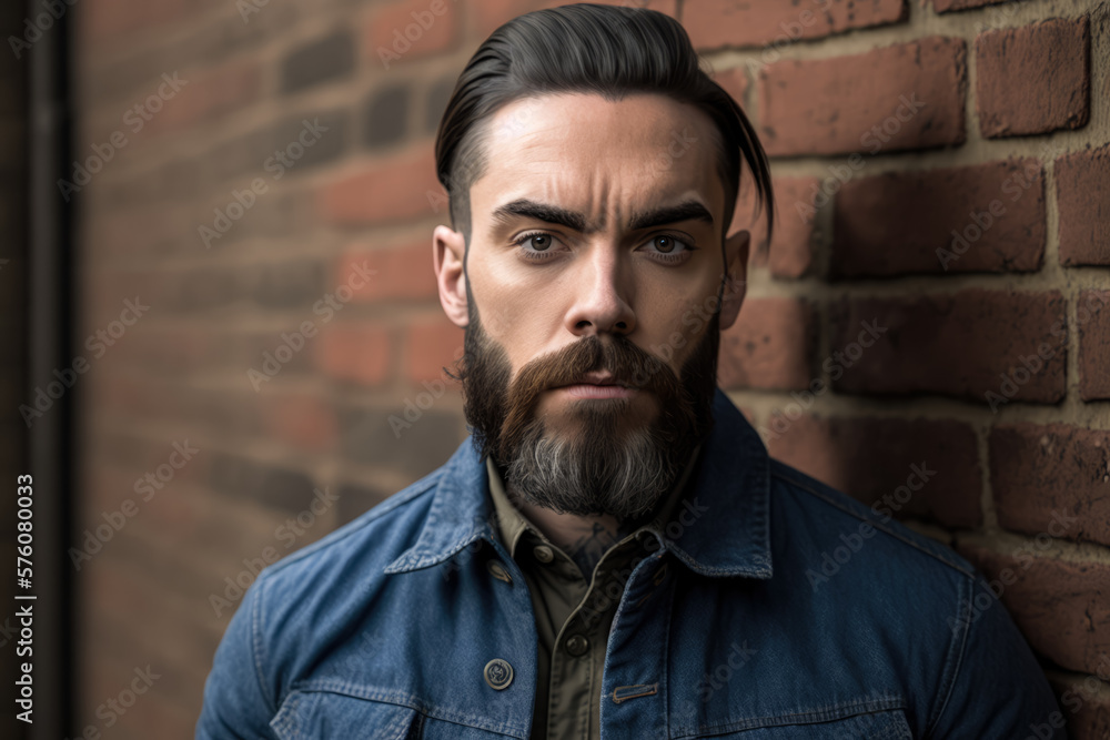 Portrait of a young businessman with a neat beard and a ponytail, wearing a denim jacket and standing in front of a brick wall with a serious expression, generative ai Portrait of a young businessman with a neat beard and a ponytail, wearing a denim jacket and standing in front of a brick wall with a serious expression, generative ai