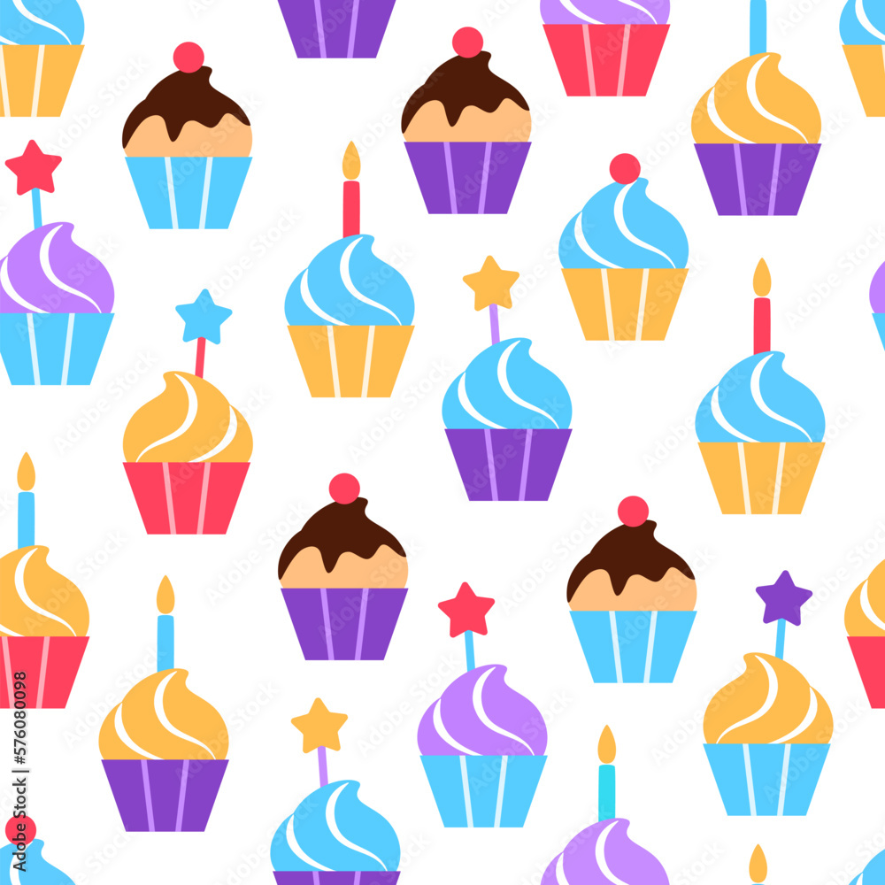 Cupcake seamless pattern design. Colorful festive Birthday party muffins on white background. Gourmet desserts with candy berry burning candle. Wrapping paper wallpaper repeat tile vector illustration