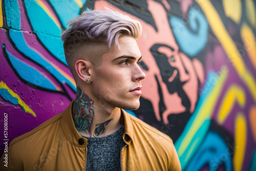 Portrait of a young and trendy businessman with blonde highlights in his short hair, wearing a casual outfit and standing in front of a colorful graffiti wall, generative ai