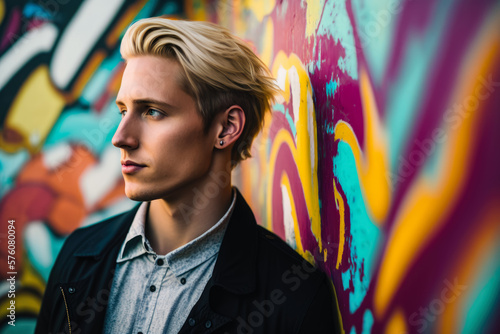 Portrait of a young and trendy businessman with blonde highlights in his short hair, wearing a casual outfit and standing in front of a colorful graffiti wall, generative ai