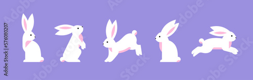 Set of cute white rabbits in different poses.