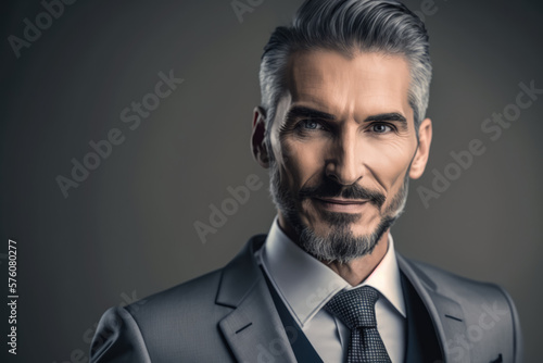 Portrait of a successful businessman with a charismatic smile and grey suit, generative ai