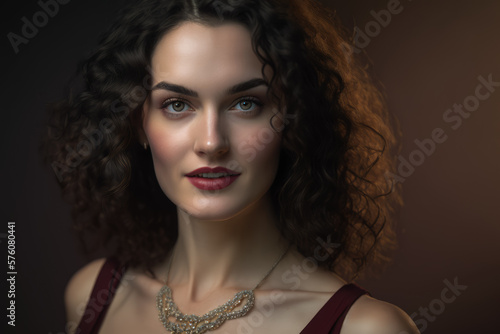 Portrait of a strikingly beautiful woman with waist-length curly hair, a radiant smile, and piercing blue eyes, wearing a delicate pearl necklace, generative ai