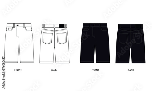 Vector set of shorts with pockets, front and back view. Outline vector template of denim shorts in white and black colors. Knee-length loose shorts sketch.