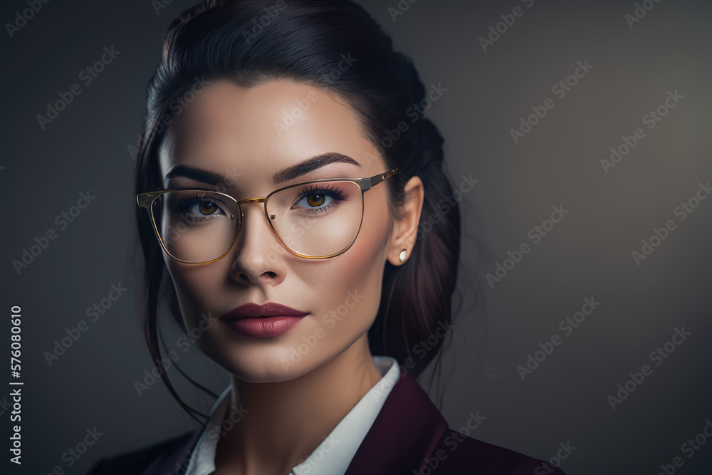 Portrait of a refined and intellectual woman with glasses and a classic blazer, generative ai