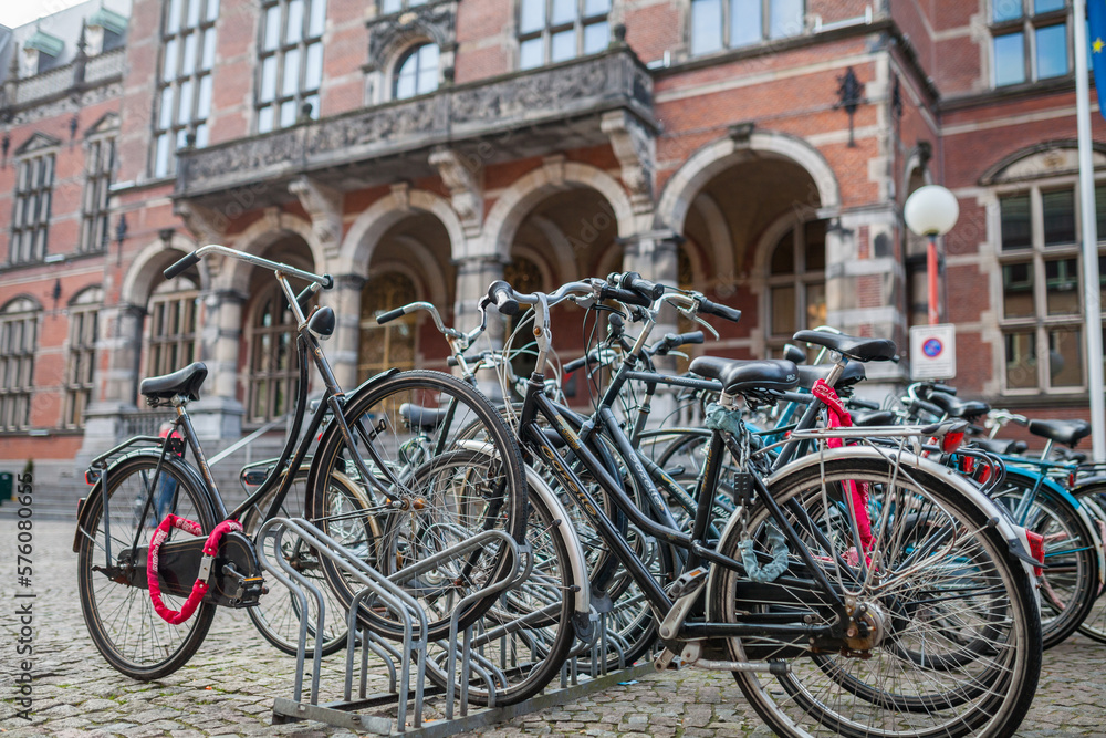 Bicycles parked on the street of Groningen, Netherlands