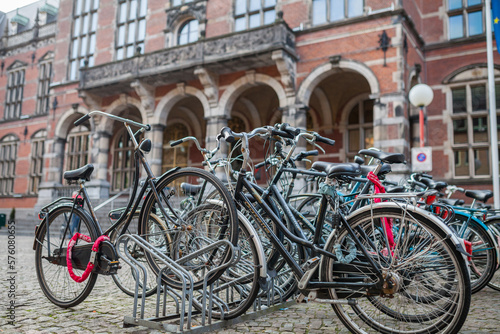 Bicycles parked on the street of Groningen, Netherlands