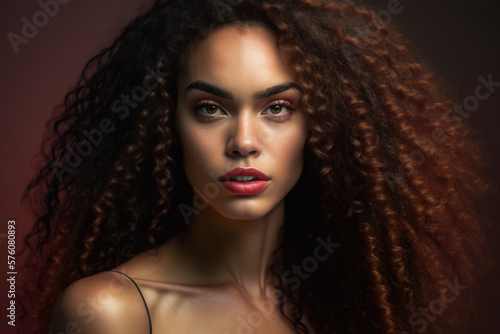 Portrait of a fiery and confident woman with voluminous curly hair and a bold red lip  generative ai