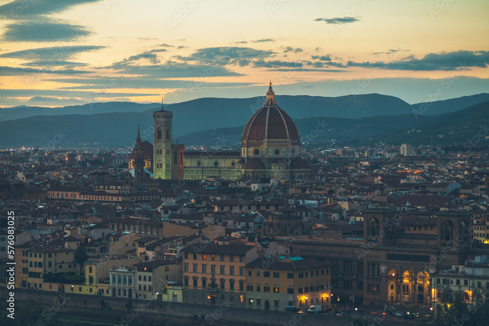 Panoramic view at Duomo Santa Maria Del Fiore and Bargello  in Florence, Italy during the sunset