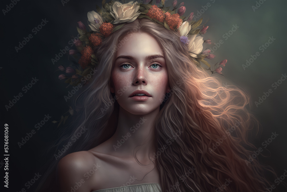 Portrait of a dreamy and ethereal woman with long flowing hair and a delicate floral crown, generative ai Portrait of a dreamy and ethereal woman with long flowing hair and a delicate floral crown, generative ai
