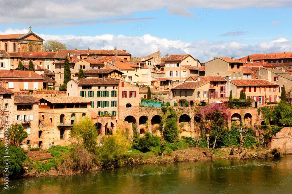 View of  town of medieavla town of Albi over Tarn river from Bishop palace. France