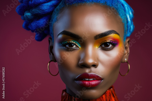Portrait of a colorful and vibrant woman with bold makeup and funky accessories, generative ai