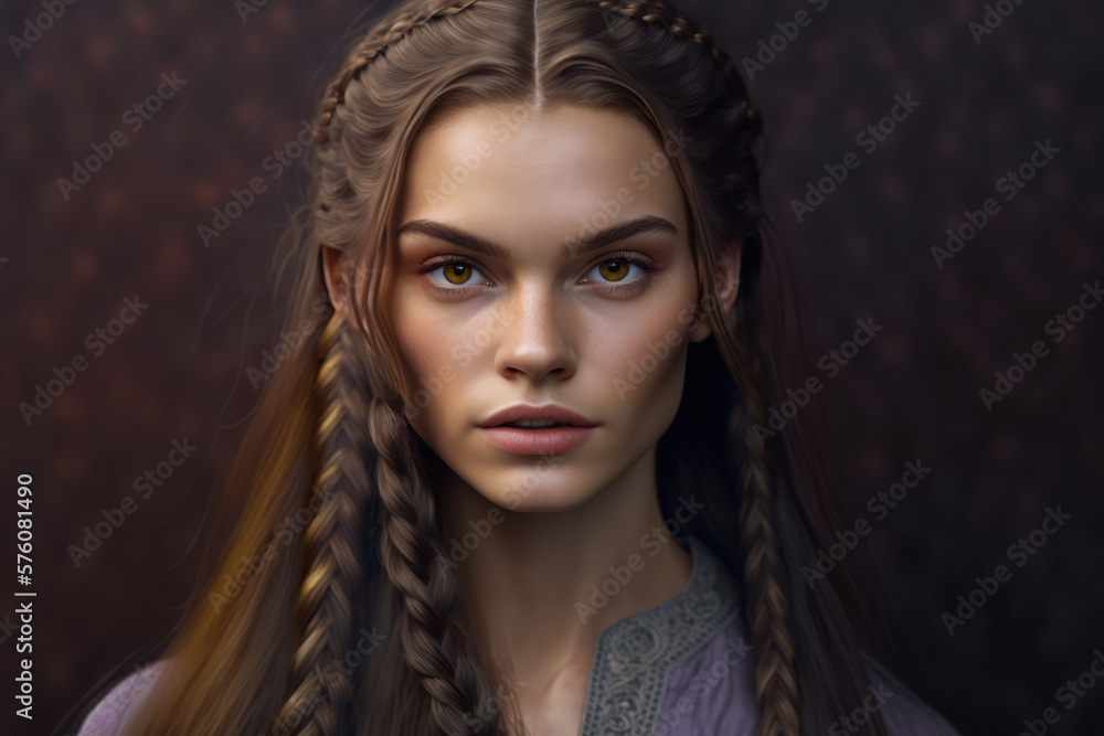 Portrait of a beautiful woman with long straight hair and an intricate braid, wearing a natural makeup look, generative ai