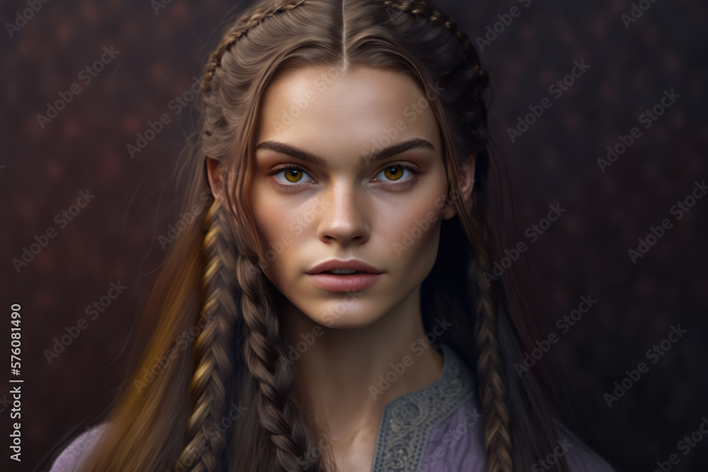 Portrait of a beautiful woman with long straight hair and an intricate braid, wearing a natural makeup look, generative ai Portrait of a beautiful woman with long straight hair and an intricate braid, wearing a natural makeup look, generative ai