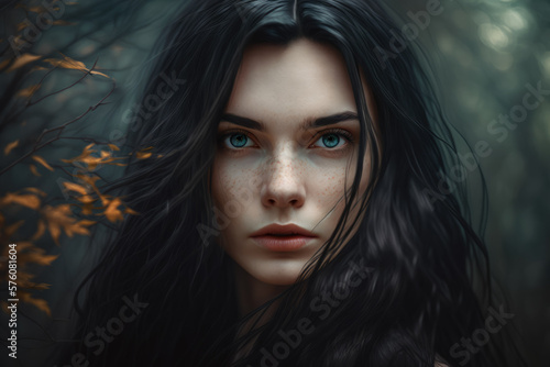 portrait of a alluring woman with long black hair and piercing eyes in a dark forest, generative ai