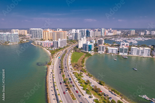 Panorama of City Sarasota FL. Beautiful beaches in Florida. Spring or summer vacations in Florida. Beautiful View on Hotels and Resorts on Island. America USA. Gulf of Mexico. Aerial travels photo. © artiom.photo