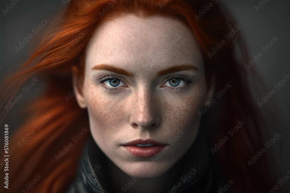 Intense Gaze Portrait of a Redhead Woman with a White Turtleneck and a Leather Jacket, generative ai Intense Gaze Portrait of a Redhead Woman with a White Turtleneck and a Leather Jacket, generative ai